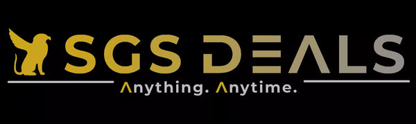 A logo for a company named SGS Deals, featuring the text "SGS DEALS" in bold white letters against a black background. Below the text, a smaller line reads "Anything. Anytime." in white.